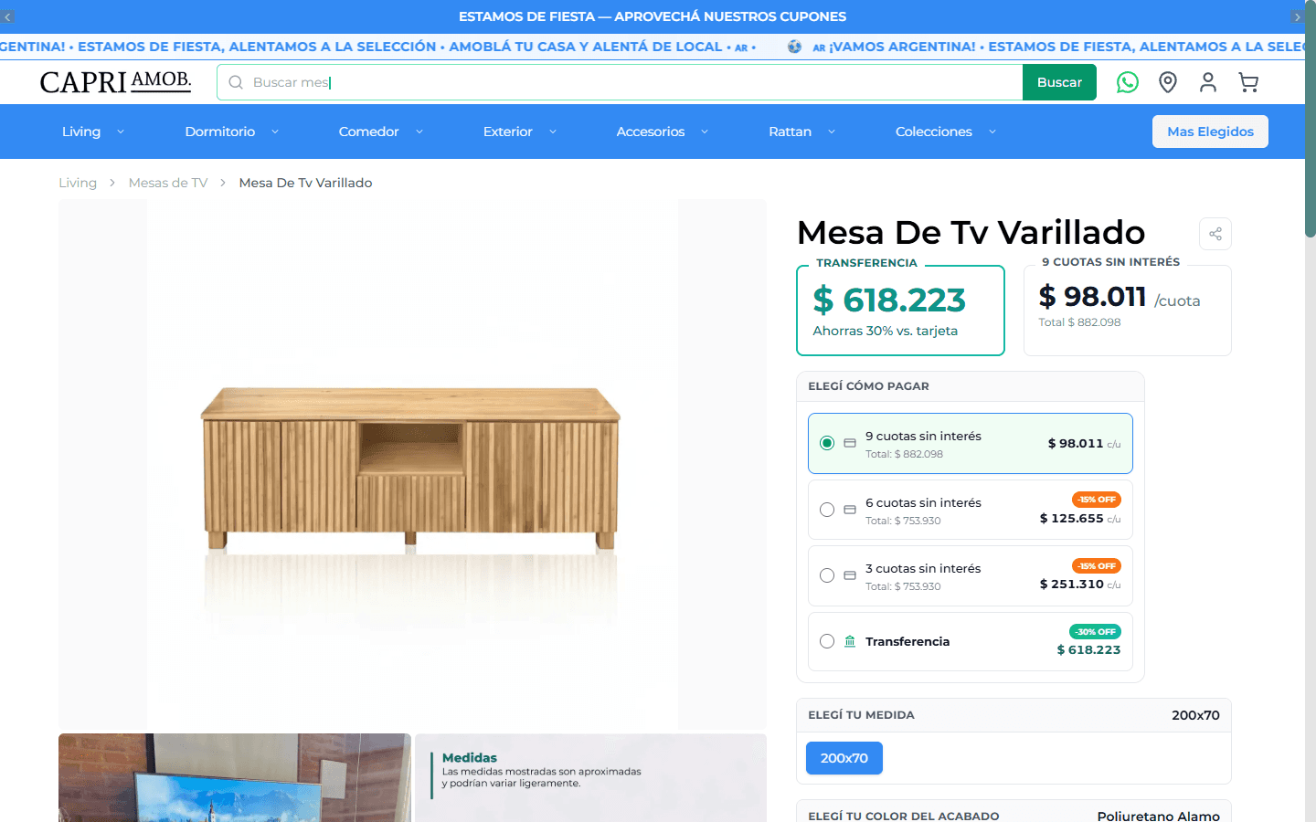 Ficha de producto con precios, cuotas y selector de medida