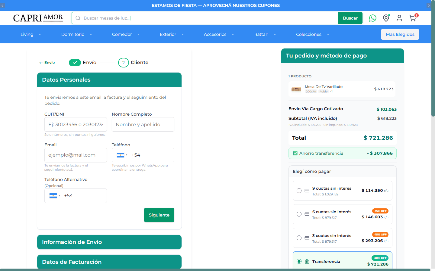 Checkout con resumen del pedido y métodos de pago